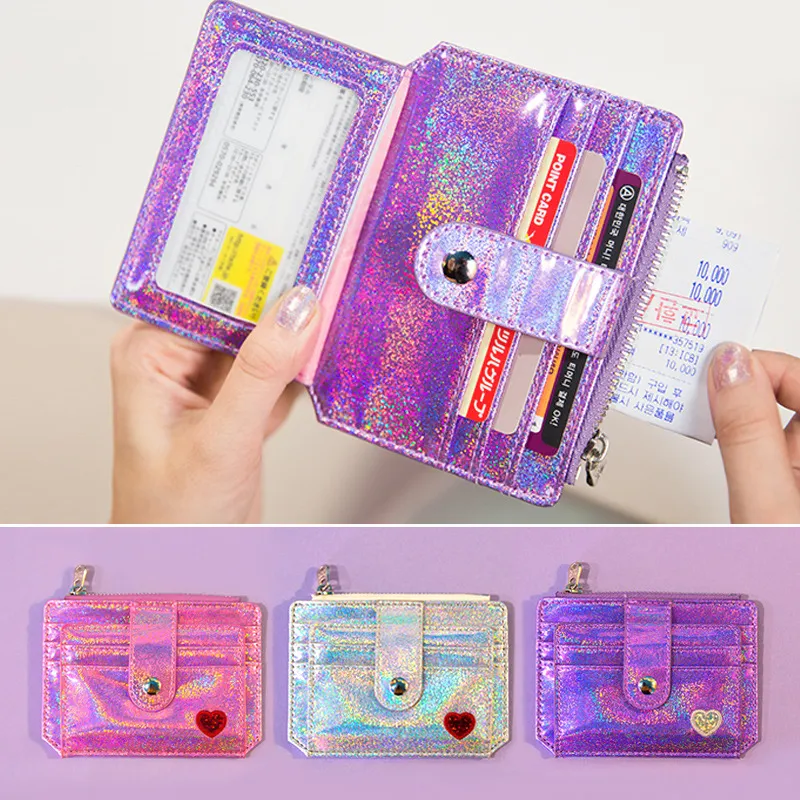 여성 스팽글 레이저 신용 은행 카드 홀더 주최자 학생 귀여운 ID 카드 미니 지갑 지갑 명함 커버 케이스