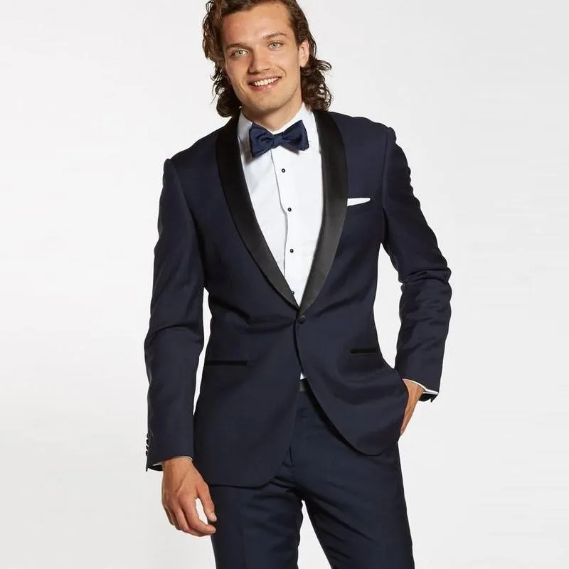 Tuxedos de marié bleu marine à la mode, châle noir, revers, smoking de mariage, populaire pour hommes, blazer formel, costume de veste de bal (veste + pantalon + cravate) 333