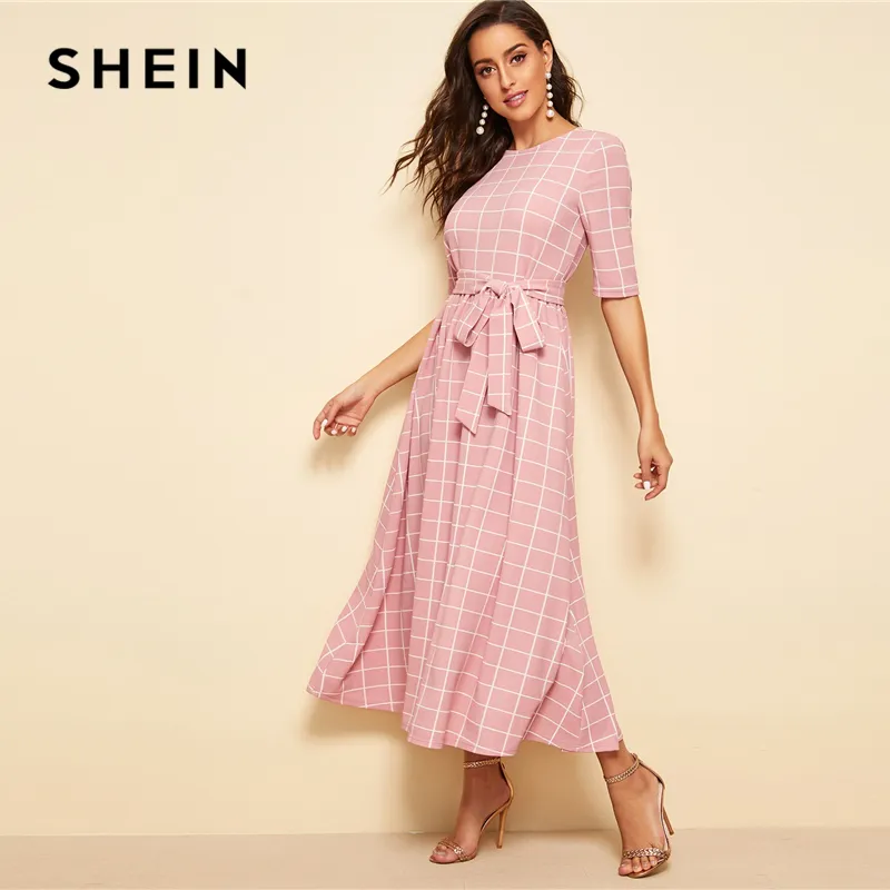 SHEIN Elegante Rosa Cintura Alta Com Cinto Fit E Flare Xadrez