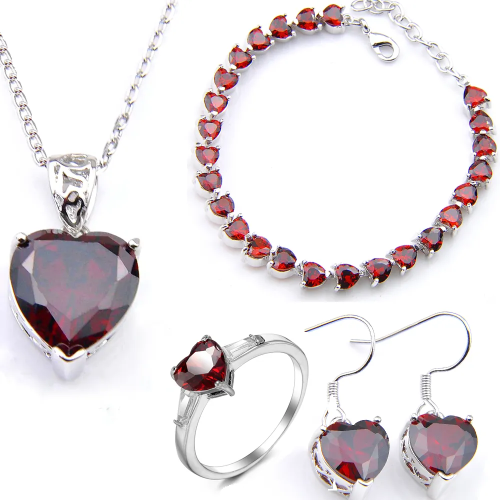 Luckyshine mode rood hart hangers oorbellen ringen armband sieraden set 925 zilveren vrouwen bruid bruiloft vakantie cadeau sieraden