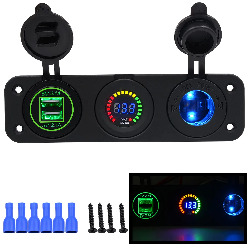 Freeshipping Car ChargerオートバイプラグデュアルUSBアダプター+ 12V / 24VタバコライターソケットブルーLED +デジタル電圧計CY675-CN