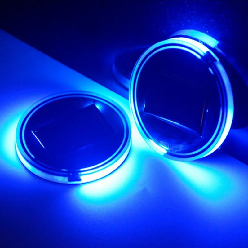 USA Car Coasters Solar Cup Holder Bottom Pad Blue LED Light Atmosphere Lamp