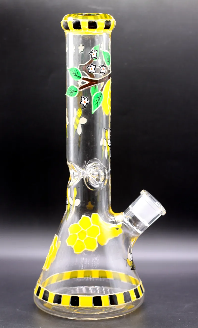 7mm Thick Glass Bong Hookahs 13 Inch 1050g Hand Painting Tall Water Pipe Bees Design Beaker Bubbler with Downsteam and Bowl