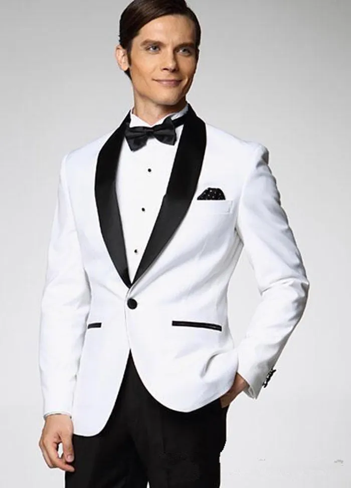 Nouvelle veste blanche avec revers en satin noir Tuxedos de marié Groomsman Best Man Suit Costumes de mariage pour hommes (veste + pantalon + nœud papillon) XZ28