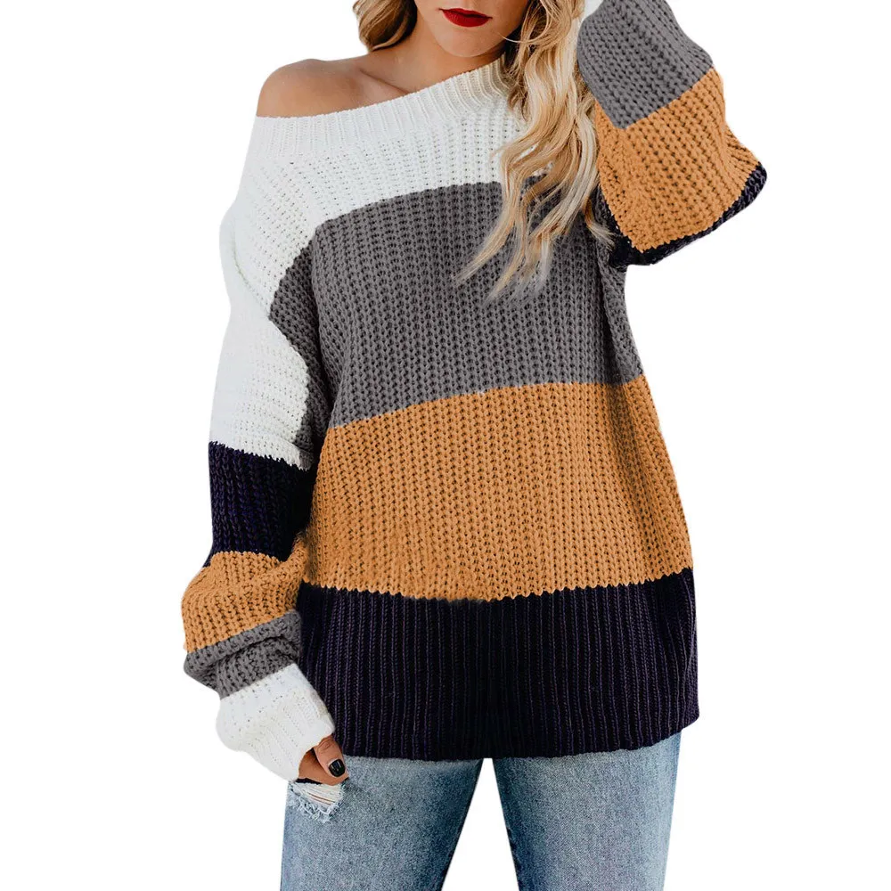 Womens Off The Shoulder Sweater Casual V-Neck Acrylic Knitted Loose Long Sleeve Pullover Standard Thickness Female 2019 10Jan 16