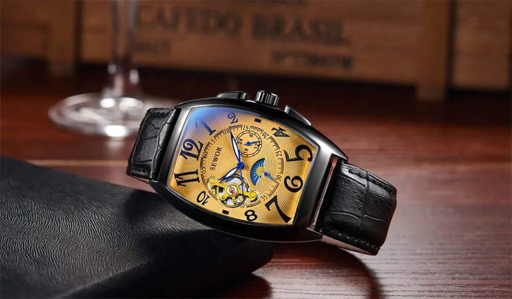Sewor Tonneau Tourbillon Automatic Mechanical Watch For Men With Genuine Leather Montgomery Straps Black Gold Finish From Qiyue07 17.76 DHgate.Com