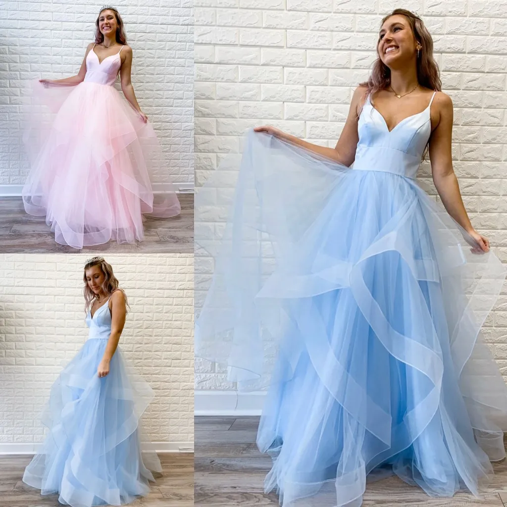 Sleeping Beauty Inspired Prom Dress 2020 Ballgown Ruffles Blush Pink Formal Evening Party Gowns Spaghetti Neck Light Sky Blue Sweet 16 Gowns