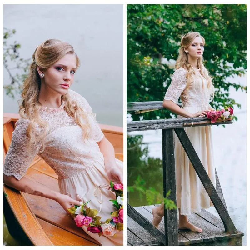 Vestidos de mangas curtas de renda comprimento chá chiffon a linha jóia pescoço feito sob encomenda vestido de casamento país novia