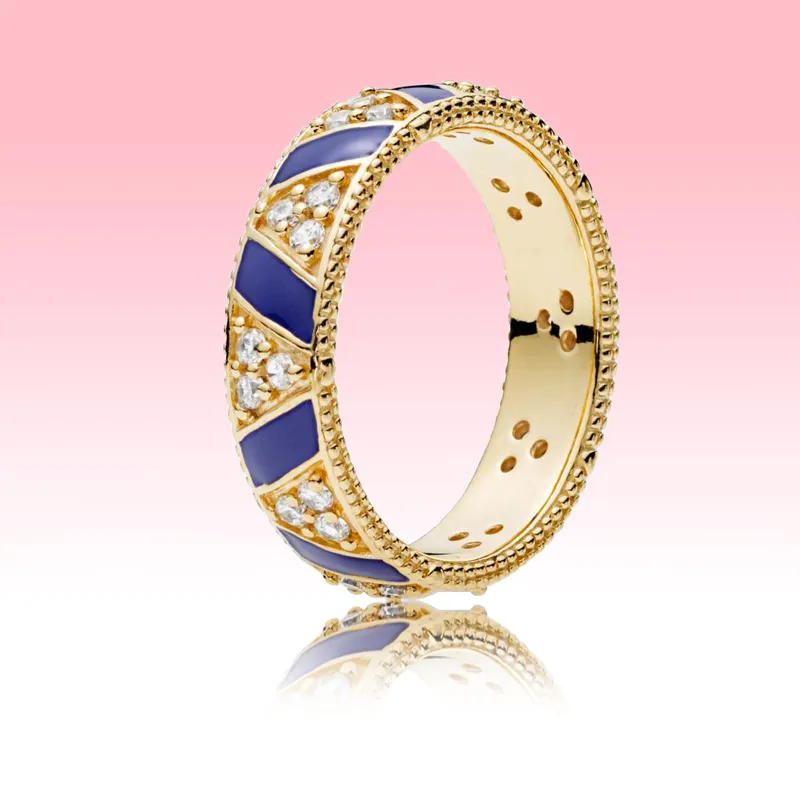 NEW yellow gold plated RING Women Mens Fashion Jewelry for Pandora Real 925 Silver Blue stripes and stones ring set with Original box