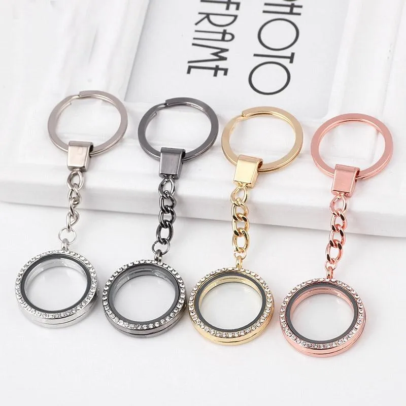 Sparkling Rhinestone Glass Locket Keychain for Women Stylish Key Ring with Floating Charms Elegant Keyring Accessories