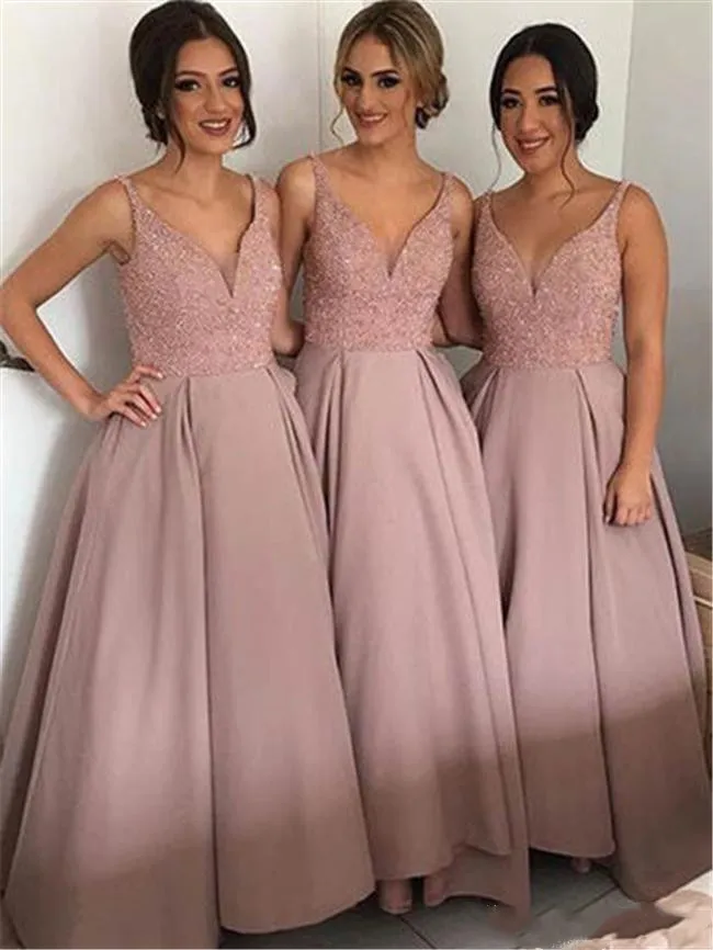 2019 우아한 파란색 된 새틴 신부 들러리 드레스 블러 쉬 핑크 메이드 명예 드레스 브이 저녁 파티 드레스 웨딩 게스트 드레스 맞춤 제작
