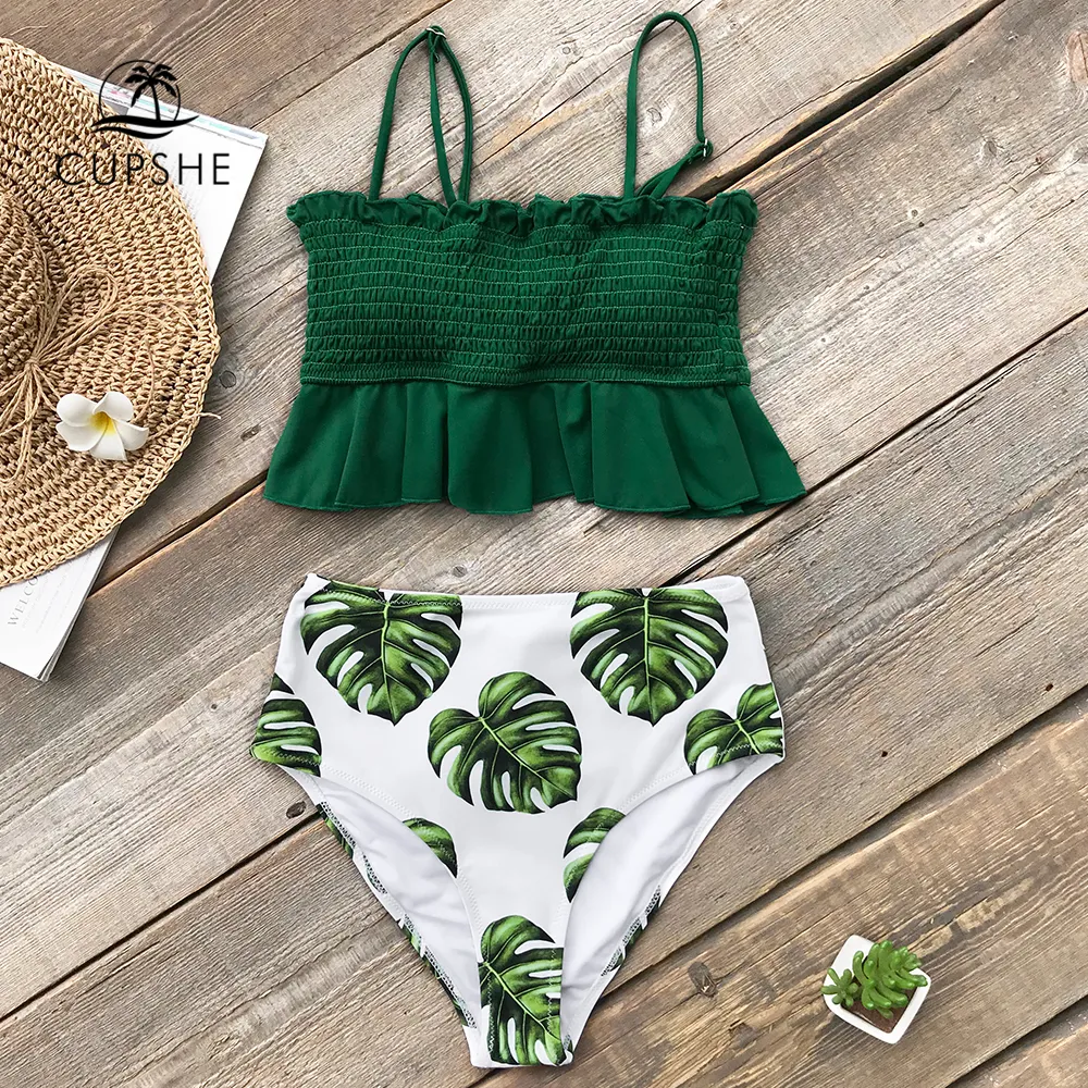 CUPSHE Bikini talle alto con estampado de hojas verdes Conjuntos de mujer Ruffle