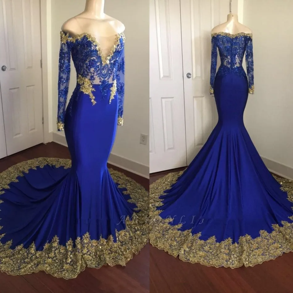 2019 New Mermaid Långärmad muslim Muslim Elegant Aftonklänningar Guld Lace Applique African Evening Gowns Vestidos de Fiesta Cocktail Party Dress