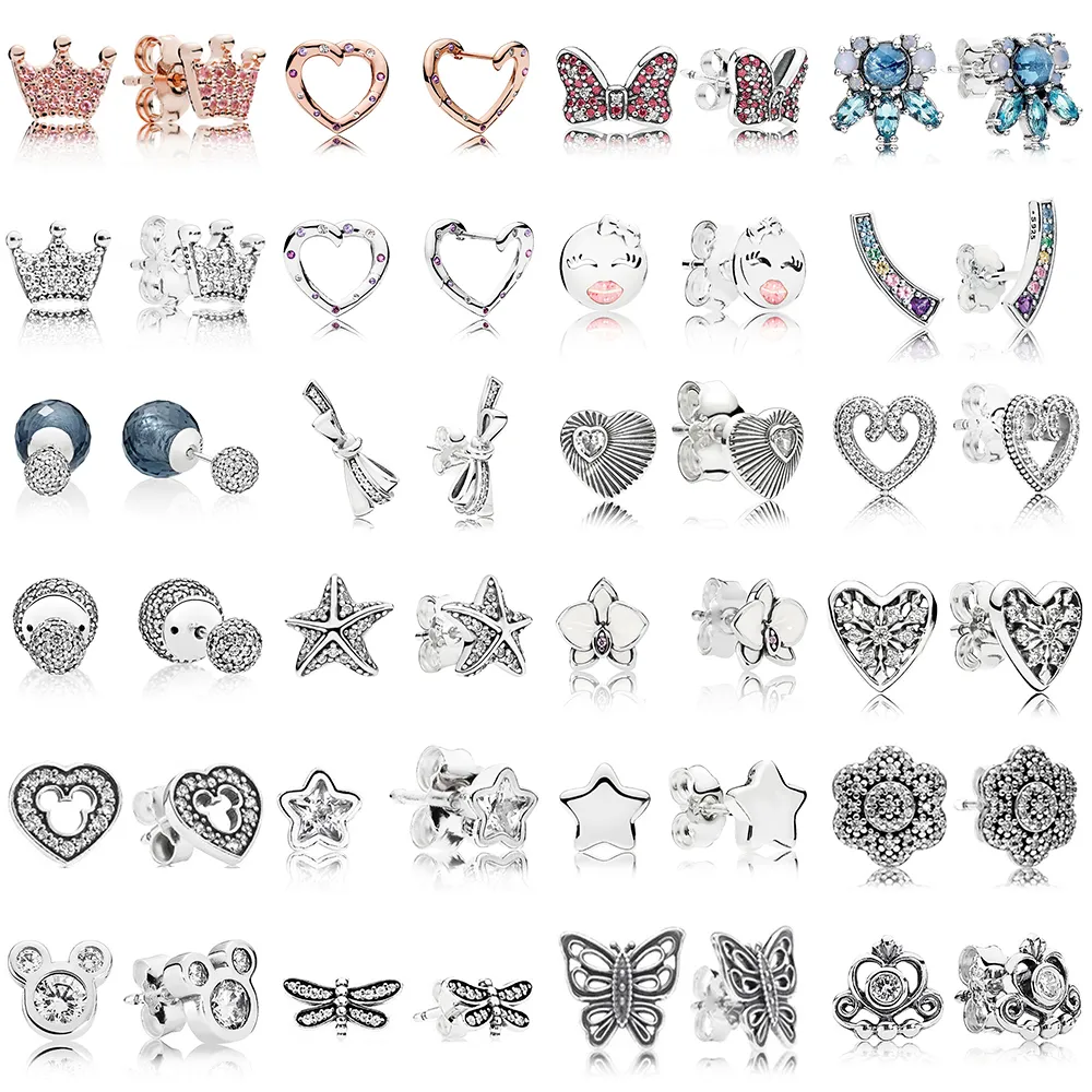 2019 NYTT 100 % 925 sterling silver pandora örhängen Lovely Butterfly Crown Stars Love Heart Öronnappar Charm Bead Fit Original DIY Dangler