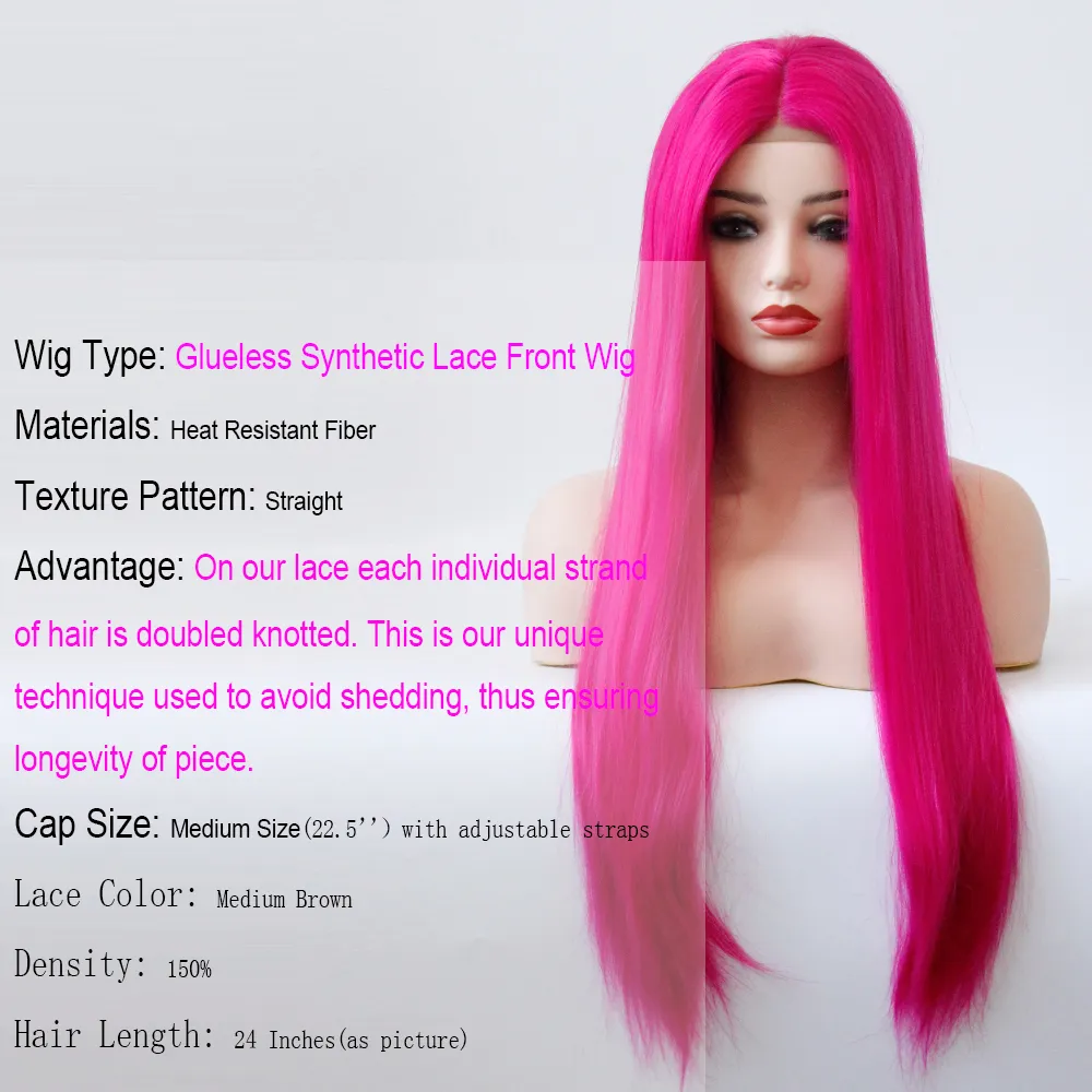 Middle Part Wig Hand Tied Rose Red Color Straight Heat Resistant Hair Cosplay Drag Queen Glueless Synthetic Lace Front Wigs (8)
