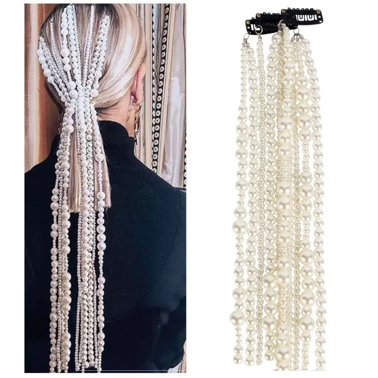 Mode Parel JewelryTassel Haarklemmen Lange Trendy Hoofdtooi ABS Imitatie Parels Hoofdketting 50cm