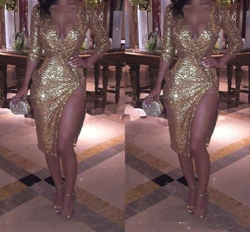 Djup V-hals Sexig guld paljetter cocktailklänningar korta glittrande halv ärmar afrikanska kvinnliga festklänningar med slits bodycorn kändis klänning
