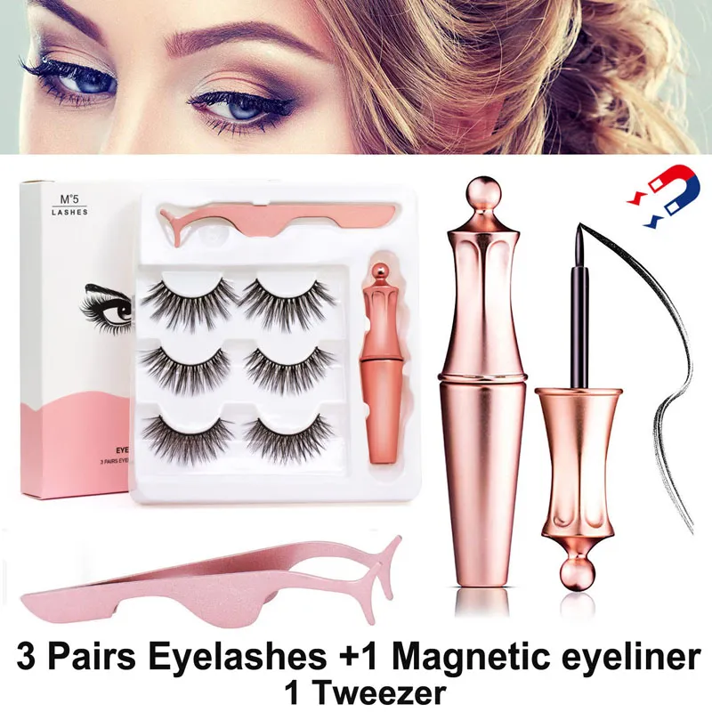 2022 Magnetic False Eyelashes and Liquid Eyeliner Lash Tweezer Makeup Set 3 Pairs Eyelash 6D 5D 3D False Eyelashes Reusable No Glue Needed Fast Ship By DHL