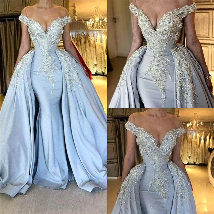 Sky Blue Mermaid Evening Dresses with Detachable Skirt Sheer Short Sleeves Satin Applique Beaded Pageant Gowns Prom Dress BC0832