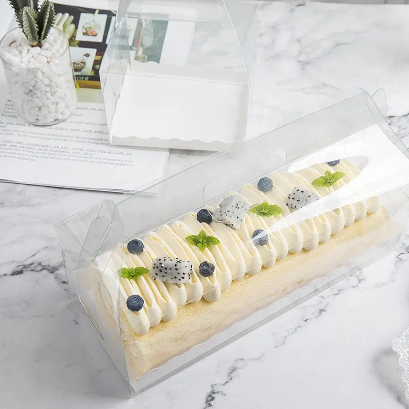 Transparent Cake Roll Packaging Box with Handle Eco-friendly Clear Plastic Cheese Cake Box Baking Swiss Roll Box