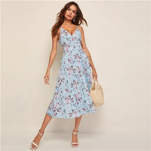Shein Giallo surplice collo pieghettato floreale cami abito donna 2020 estate senza maniche a vita alta boho avvolgere abiti lunghi
