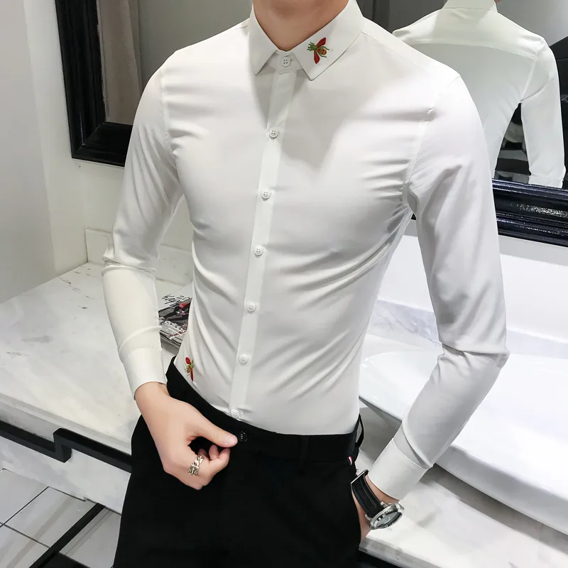 Spring Autumn Men's Casual Slim Shirt, Högkvalitativa herrtrender Solid Longeple Shirt, klassisk broderad mager skjorta män