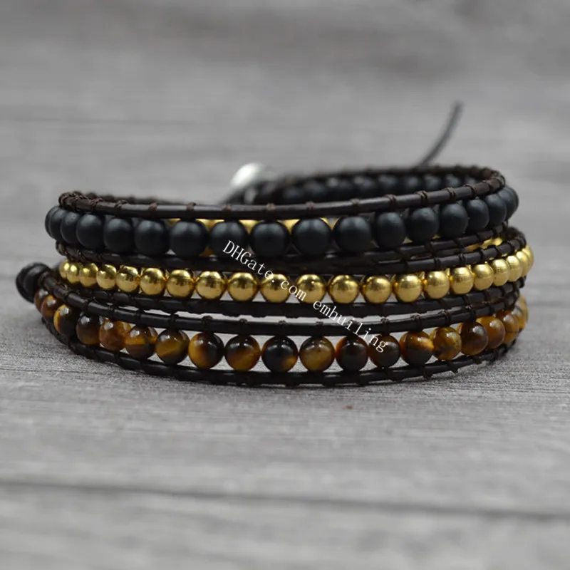 Pelle 10pcs 4MM Bracciale misto di pietra naturale nero opaco Onyx Tiger Eye Gemstone rilievo polsino dell'involucro fascino dei 3 fili regolabile Boho Bracciale