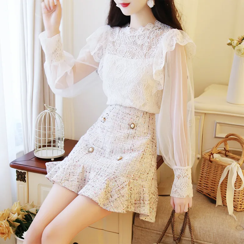 2018 Korean Set Women Lace Blouse Mini Lace Skirt And Blouse Set Two Piece Women Autumn Elegant Two Outfits For From Berniceone 42 DHgate.Com