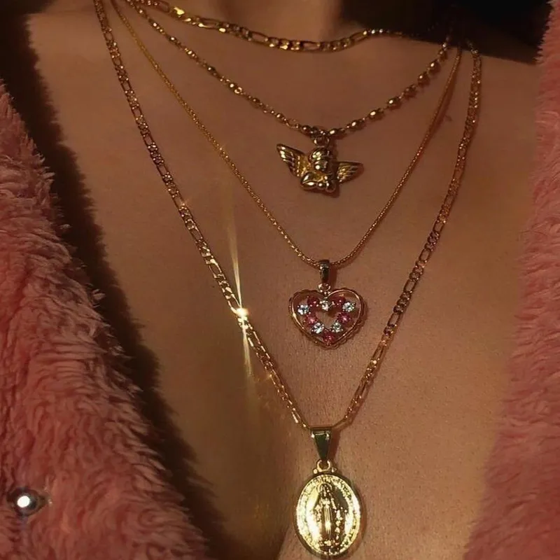 Богиня Сердце Ангел Многослойное ожерелье Золотые Цепи Ожерелье Чокеры Женские ожерелья модные украшения воля и песчаный подарок