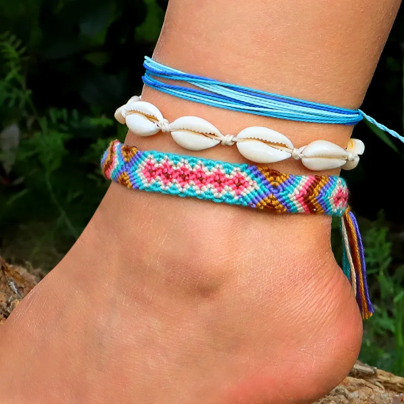 Corde tissée à la main Vsco Shell pied cheville cheville pieds nus Bracelet amitié bracelets de cheville pour femmes bohème plage Boho jambe bijoux en gros