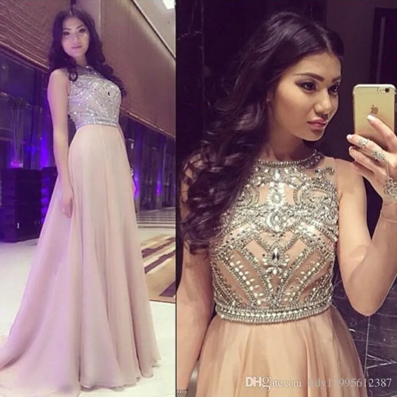 2023 New Promo A Line Scoop Neck Beaded Crystal Long Sweep Train Chiffon Champagne Prom Dress Women Formal Party Gown 121