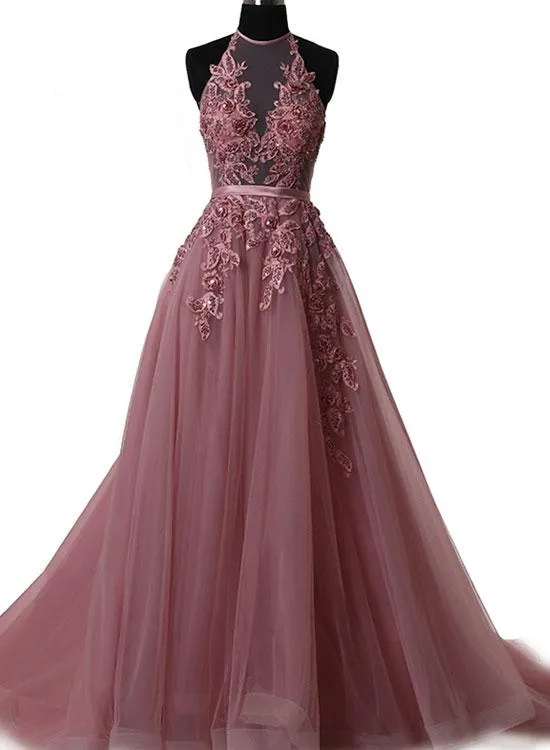 Tulle Beaded Lace Long Prom Dresses, Evening Party Dresses 2019 Tulle Beaded Lace Long Prom Dresses, Evening Party Dresses 2019