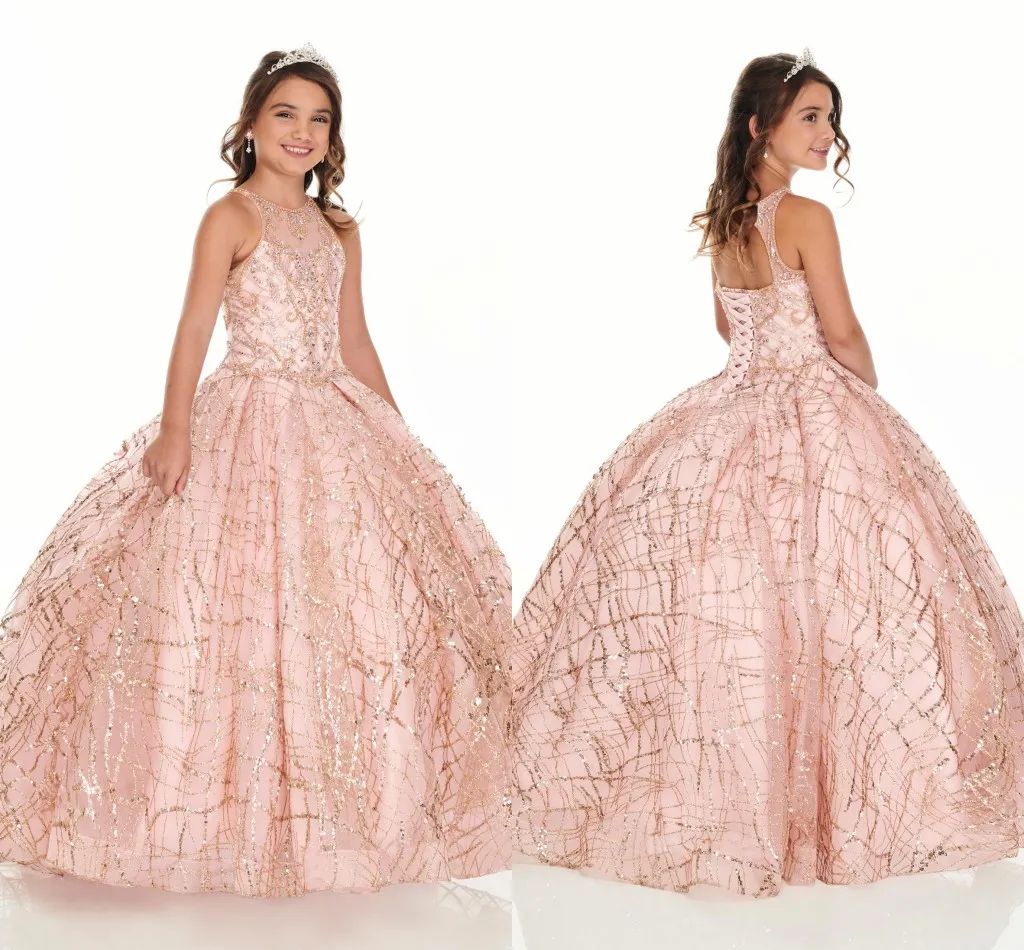 2022 Bling Rose Gold Mini Quinceanera festklänningar för små flickor Glitter Tyll Juvel Strass Pärlor Festklänning Småbarn Blommor