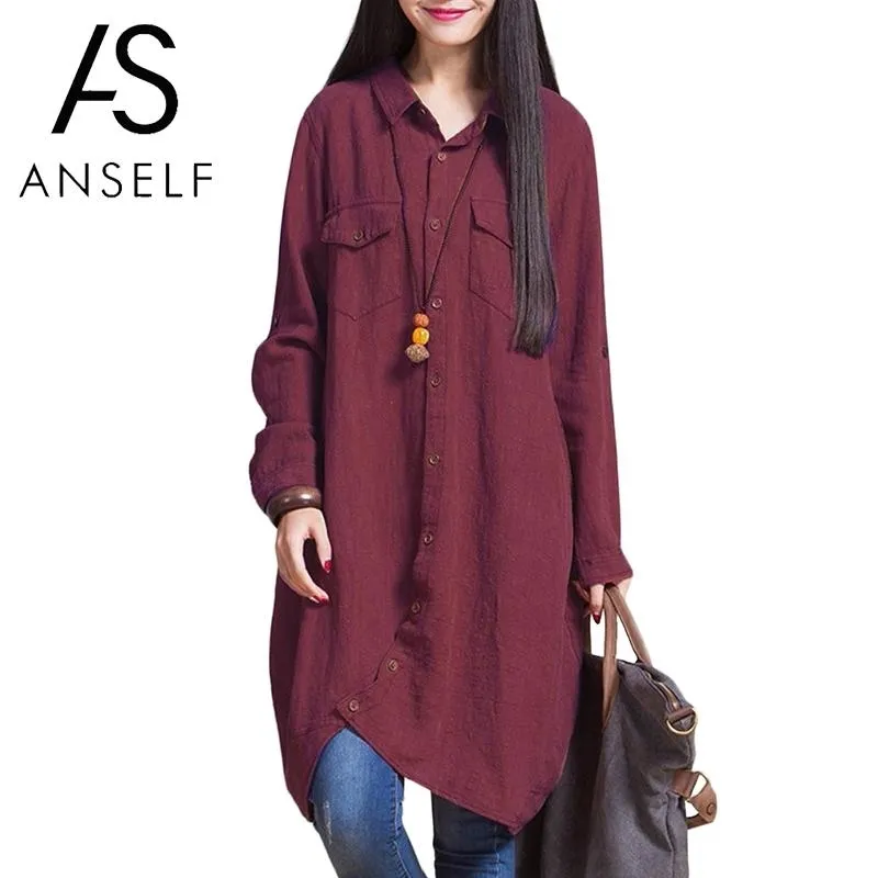 Anself Plus Size Dames Katoen Linnen Blouse 5XL Oversize Shirts Vrouwelijke Dames Casual Lange Mouw Lange Tops Pocket Button Blusas J190625