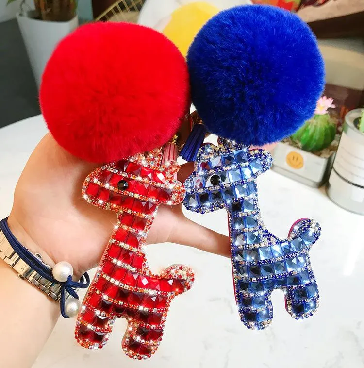 Animal Plush Keychain Rhinestone Giraffe Rabbit Fur Pom Pom Key Ring ...