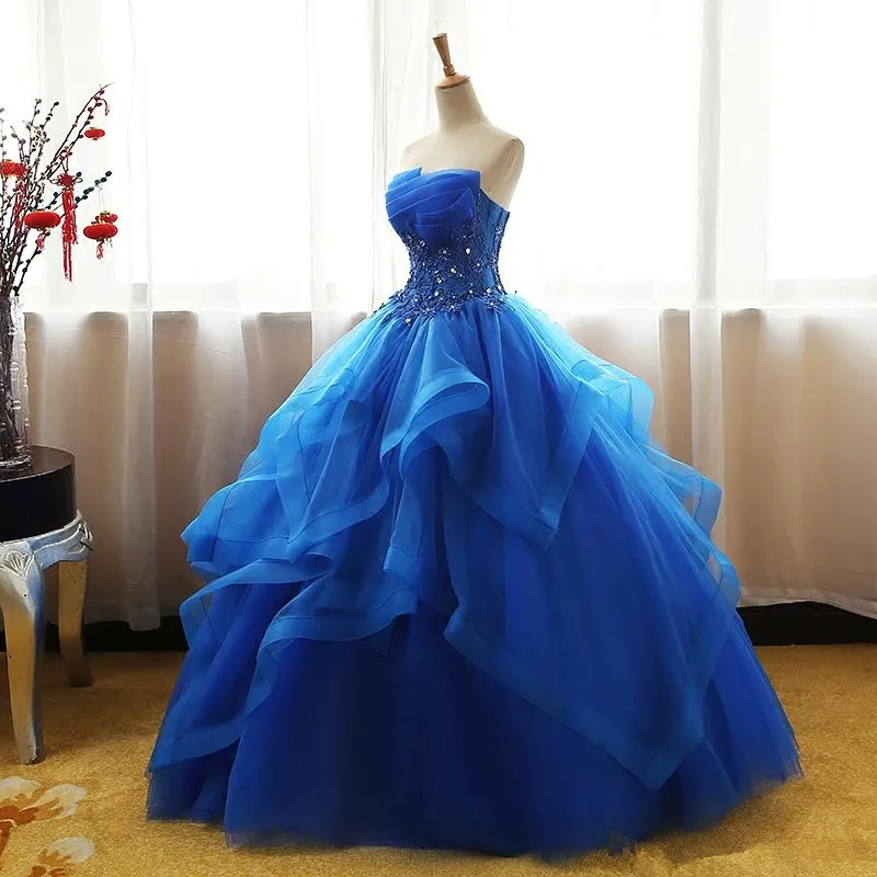 Fancy Koningsblauw Baljurk Galajurk Real Picture Quinceanera Jurken Strapless Organza Formele Feestjurk Met Lagen Tule Flora185k