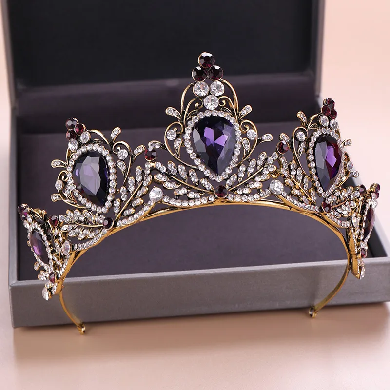 Purple Crystal Wedding Tiara Bridal Crown for Wedding Bride Vintage Gold Kolor Rhinestone Crown Opaska na głowę Akcesoria biżuterii