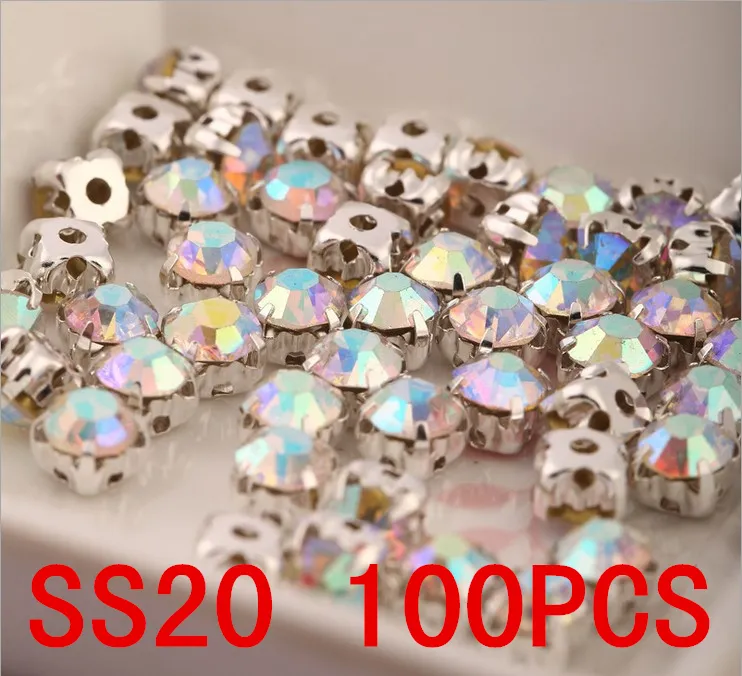 Free Shipping 200pcs SS20 Crystal AB Silver FlatBack Sew On Stones With Claws Silver Plated Setting Chatons Crystal Glass Stones