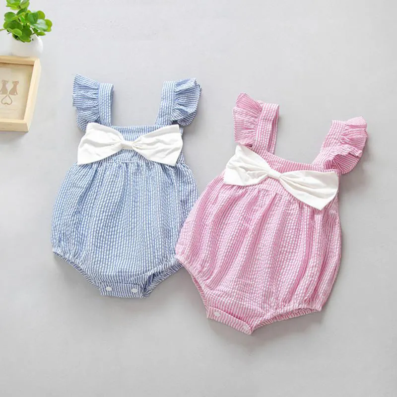 Zomer Gestreepte Baby Meisjes Kleding Mouwloze Katoenen Jongen en Meisjes Bodysuit met Strik Kinderkleding Gratis Verzending