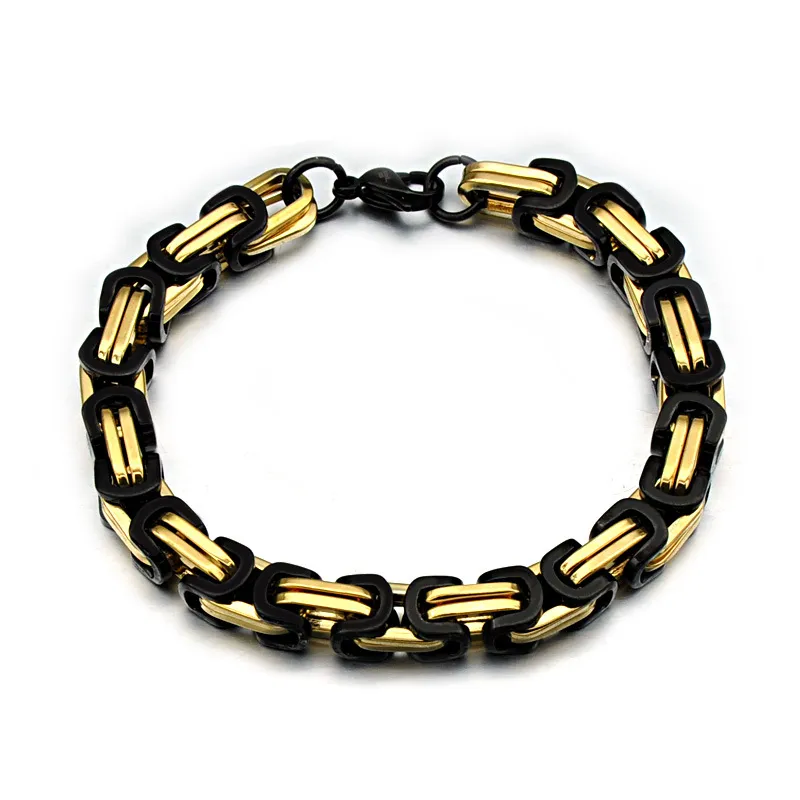 Mens 8mm Stainless Steel Gold Byzantium Chain Bracelet Fashionable