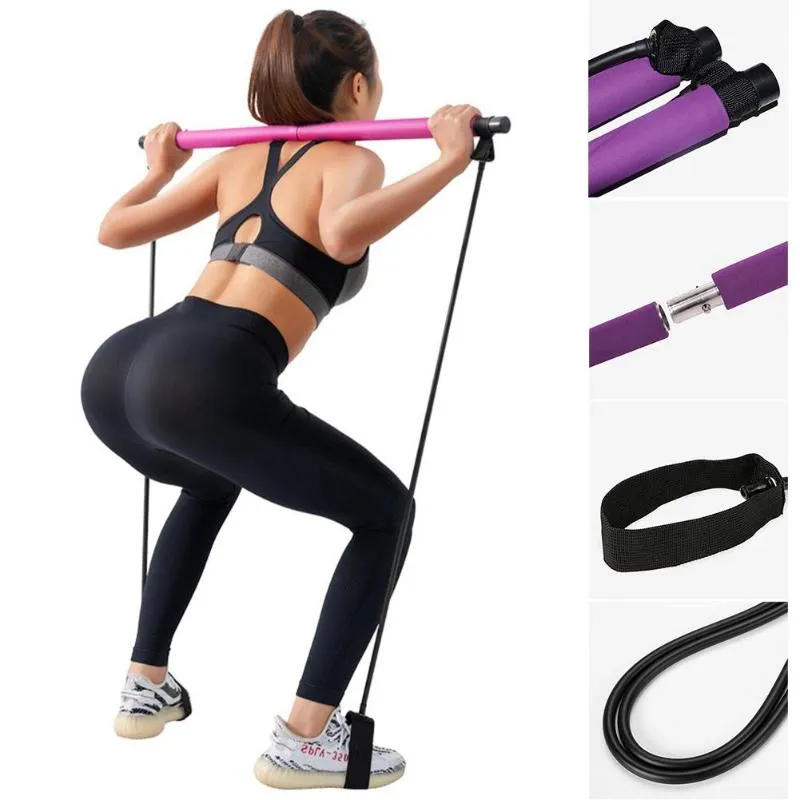 Bärbara Pilates Exercise Stick Toning Bar Fitness Hem Yoga Gym Body Workout Body Abdominal Resistance Bands Rope Puller Kit