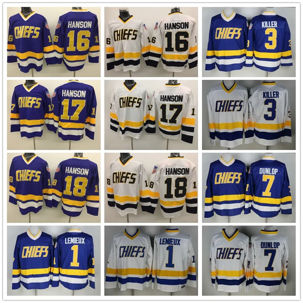 Hanson Brothers Slap Shot Charlestown Chiefs #16 Jack 17 Steve 18 Jeff Hanson 7 Francine Dunlop 3 Killer Vintage CCM Movie Hockey Jersey