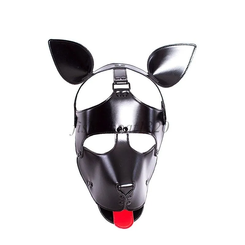 Bondage Microfiber Headgear Leather Dog Puppy Red Tongue Roleplay Hood Cosplay Mask Head #R45