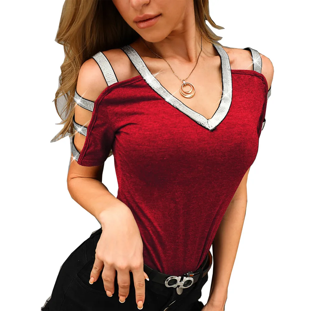 2020 새로운 여름 여성 우아한 짧은 소매 레저 탑 여성 레저 OL 기본 셔츠 반짝이 사다리 컷 아웃 슬리브 캐주얼 블라우스