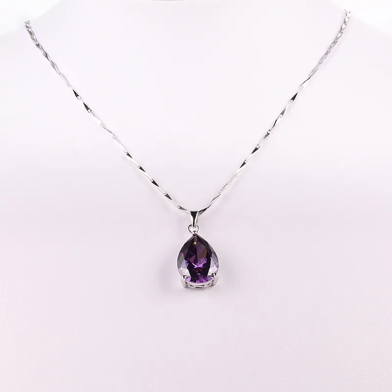 Mode- Partihandel 925 Sterling Silver Jewelry Pearl Cut Waterdrop Amethyst Pendant Necklace For Women's Clothing Accessories X912