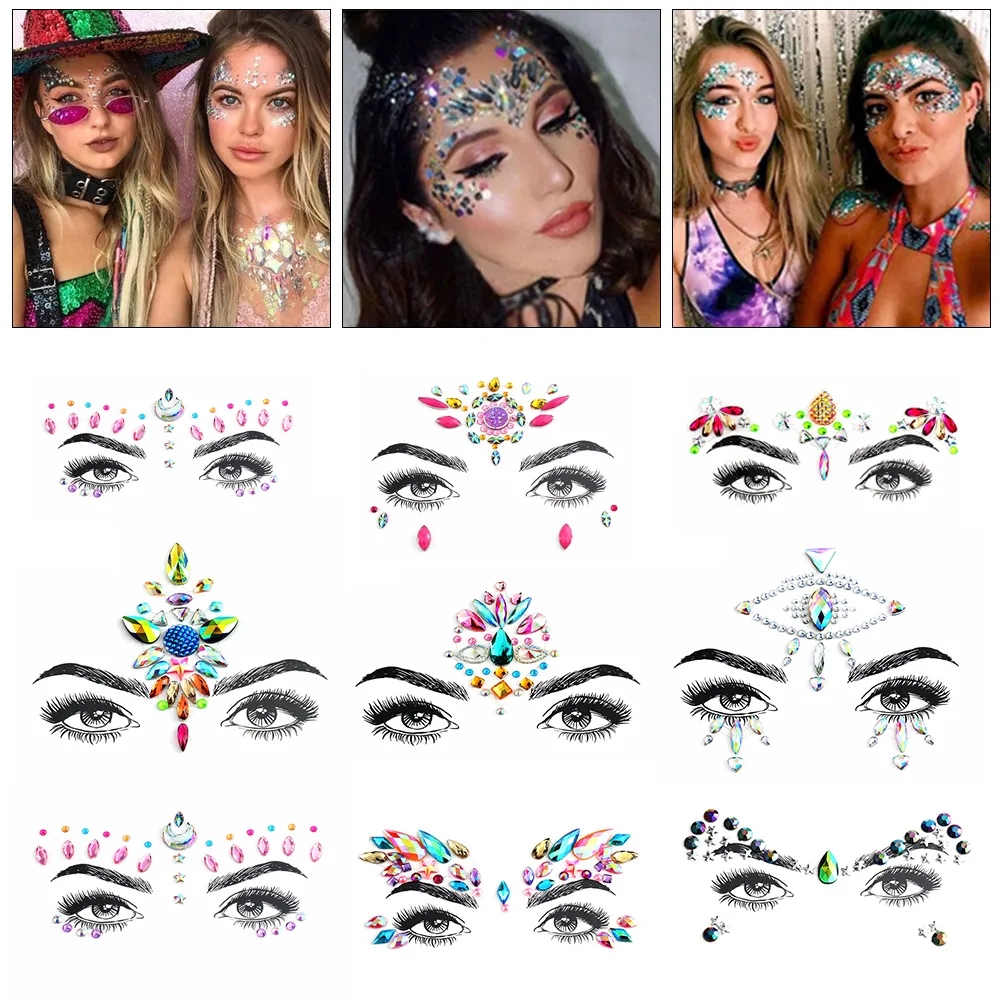 Zelfklevend gezicht sieraden edelstenen tijdelijke tattoo gezicht sieraden festival feest lichaam edelstenen strass flash tattoos stickers make-up