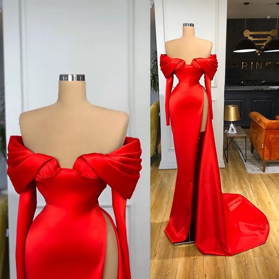 Eleganckie suknie wieczorowe Off Ramię Długie Rękawy Satin Prom Suknie 2021 Custom Made Lace-up Back Sweep Pociąg Specjalna okazja Dress