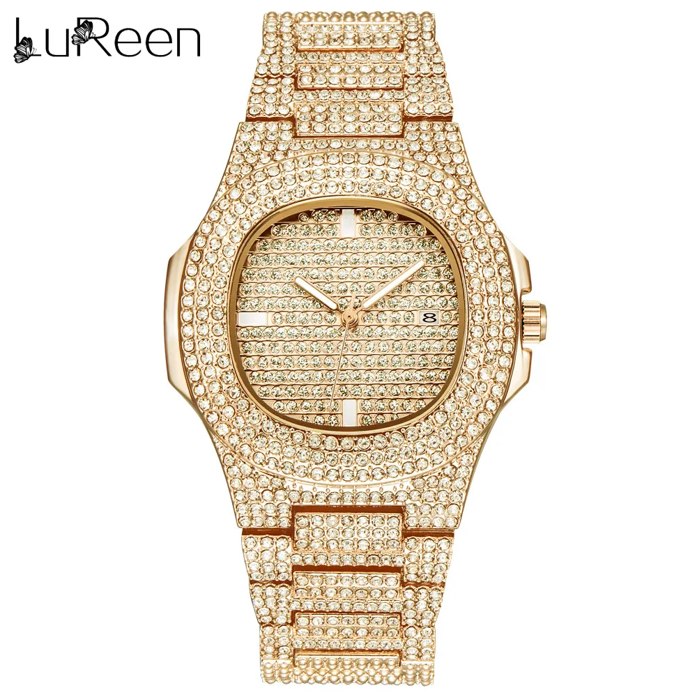 Lureen Hip Hop Iced Out Gold Color Watch Quartz Full Diamond Round Watches Mens Stainless Steel Wristwatch Gift