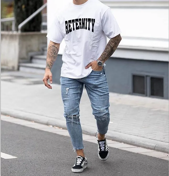 Neuvième hommes jean trou haute rue lavé nouvelle mode d'été Cool décontracté urbain vent crayon Jeans244K