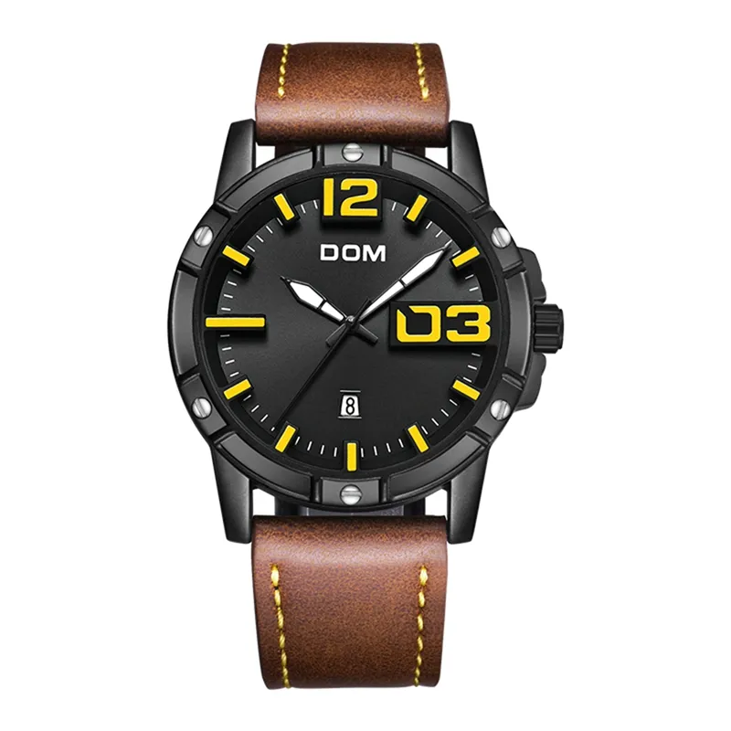 DOM 2018 New Watch Men Big Dial Stylish Sport Quartz Clock Waterproof Leather Mens Watches Brand Luxury Relogio Masculino M 1218
